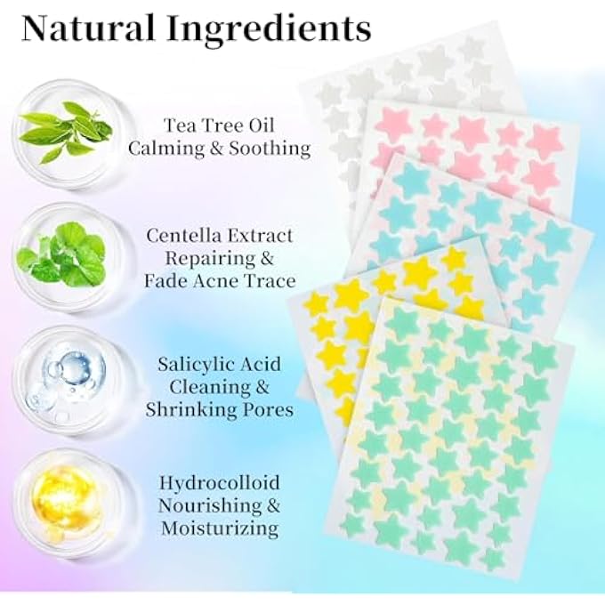 STRBOXONG 200 PCS ACNE PIMPLE PATCHES,HYDROCOLLOID ACNE PATCH,PIMPLE PATCHES FOR FACE,COLORFUL STAR PIMPLE SPOT STICKER WITH HYALURONIC ACID,FOR COVERING ZITS AND BLEMISHES - Image 3